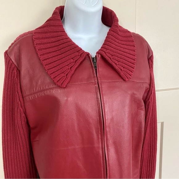 Red Leather Front Cotton Knit Sweater Back Large - Picture 4 of 14